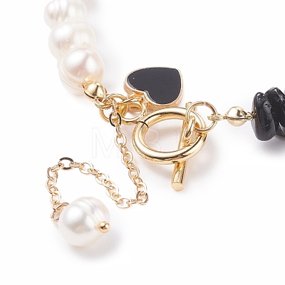 Natural Obsidian & Pearl Beaded Bracelet with Alloy Enamel Heart Charms BJEW-JB08039-06-1