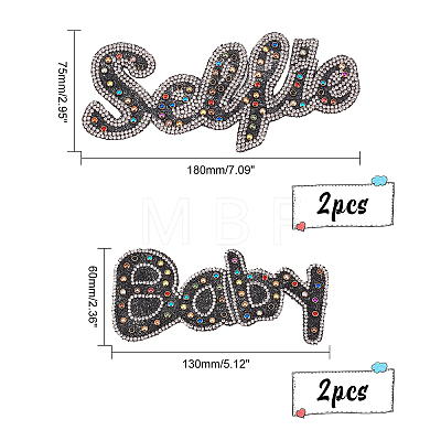 SUPERFINDINGS 4Pcs 2 Style Word Baby & Selfie Glitter Hotfix Rhinestone DIY-FH0003-57-1