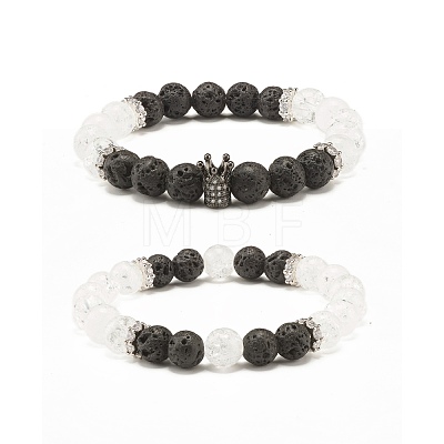 Natural Crackle Quartz & Lava Rock Round Beads Stretch Bracelets Set BJEW-JB07205-1
