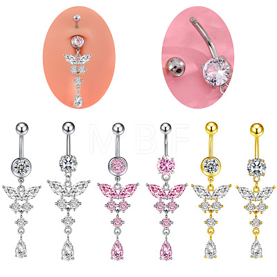 316L Surgical Stainless Steel Cubic Zirconia Butterfly Curved Barbell Dangle Belly Rings WGB11C1-07-1