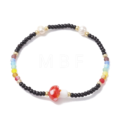 Glass Seed & Plastic Mushroom Beaded Stretch Bracelet for Women BJEW-JB10185-1