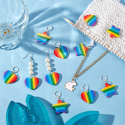 12Pcs 2 Style Striped Plastic Rainbow Heart & Star Charm Locking Stitch Markers HJEW-PH01681-1