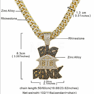 Hiphop Style Zinc Alloy Full Crystal and Jet Rhinestone Big Bank House Pendant Cuban Link Chain Necklaces for Men WG5AEC3-01-1