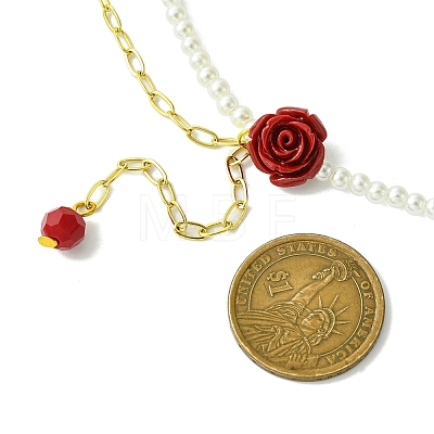 ABS Plastic Imitation Pearl Beaded Red Flower Synthetic Coral Pendant Necklaces NJEW-JN04991-1