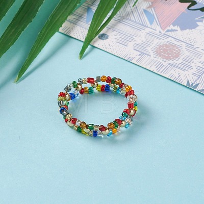 Round Silver Lined Glass Seed Beaded Finger Rings RJEW-JR00318-05-1