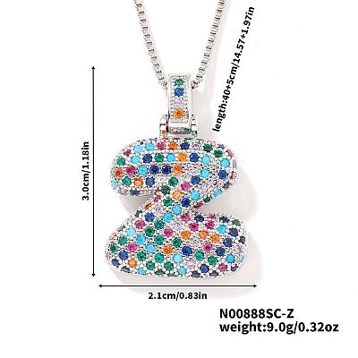 Brass Pave Colorful Cubic Zirconia Letter Pendant Box Chain Necklaces NU0575-47-1