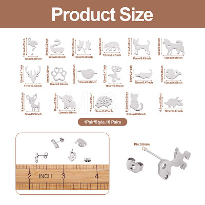 16 Pairs 16 Style Crocodiles & Dog & Swan & Hedgehog & Dinosaur & Bird 304 Stainless Steel Stud Earrings EJEW-CF0001-02P-1