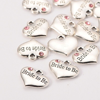 Wedding Theme Antique Silver Tone Tibetan Style Heart with Bride to Be Rhinestone Charms LS-TIBEP-N005-10B-1