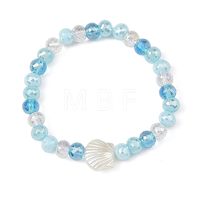 Ocean ABS Plastic Imitation Pearl Shell Shape Electroplate Glass Faceted Rondelle Beaded Stretch Bracelets for Women BJEW-JB14386-01-1