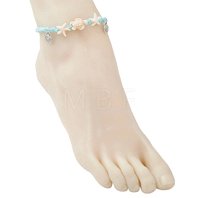Adjustable Summer Beach Dyed Synthetic Turquoise Starfish Turtle Braided Bead Anklets AJEW-AN00774-1