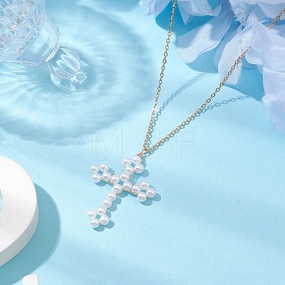 Cross Fleury Acrylic Imitation Pearl Pendant Necklaces NJEW-JN04985-1