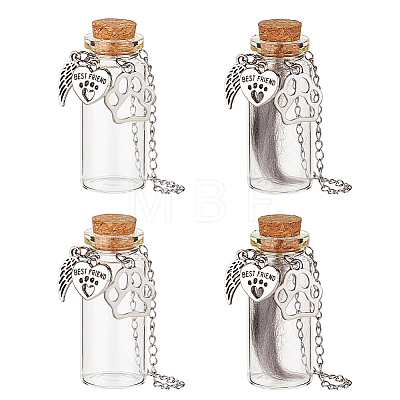 4Pcs Transparent Glass Empty Bottles with Alloy Paw Print Charms AJEW-DR00029-1