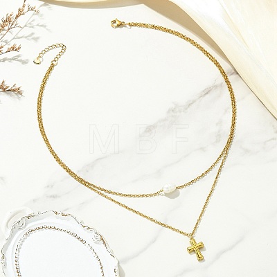 Natural Pearl Rice and 304 Stainless Steel Pendant Double Layer Necklaces for Women NJEW-JN06211-01-1