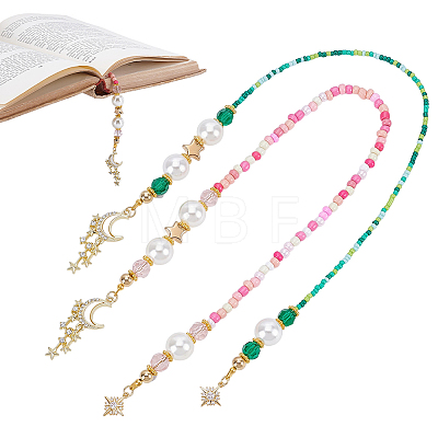 2Pcs 2 Styles Glass & Acrylic & Brass & CCB Plastic Beaded Bookmark HJEW-NB00351-1