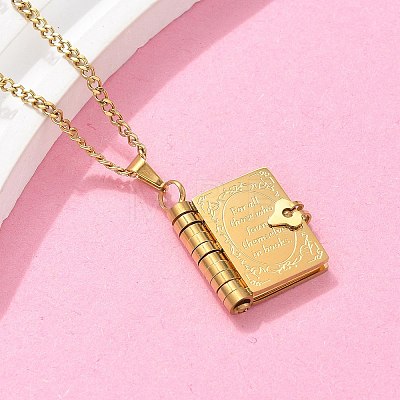 304 Stainless Steel Book Pendant Necklaces for Women NJEW-U037-01A-G-1