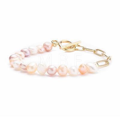 Natural Pearl Beaded Bracelet with Brass Paperclip Chains for Women BJEW-JB07920-02-1