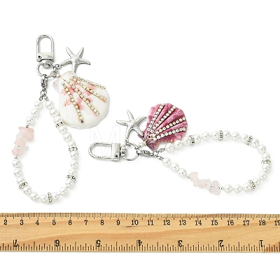 Round Shell Pearl & Natural Rose Quartz Chips Beads Pendant Decorations HJEW-TA00458-1
