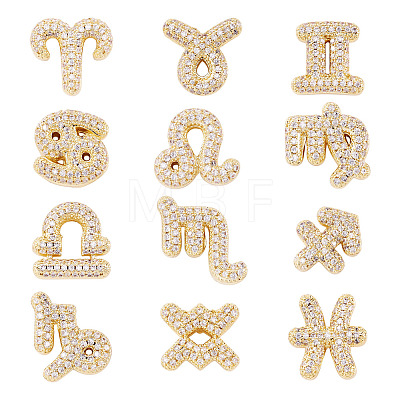 12Pcs 12 Styles Twelve Constellations Brass Micro Pave Clear Cubic Zirconia Pendants KK-TA0008-96G-1