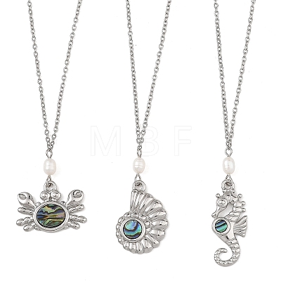 Alloy Natural Paua Shell Alloy Sea Animals Pendant 304 Stainless Steel Cable Chain Necklaces with Natural Pearl for Women NJEW-JN06524-1