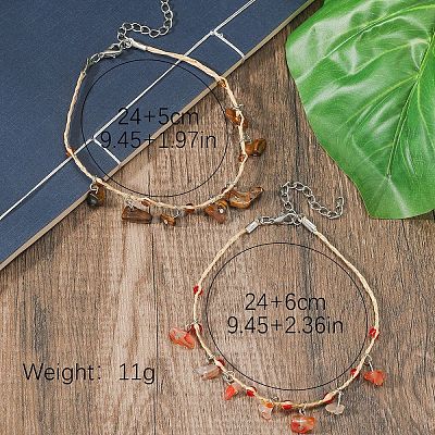 Bohemian Style Natural Tiger Eye and Red Banded Agate Chip Tassel Raffia Cord Double Layer Anklets FS-WGA75A5-01-1
