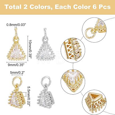 SUPERFINDINGS 12Pcs 2 Colors Brass Clear Cubic Zirconia Pendants ZIRC-FH0001-13-1