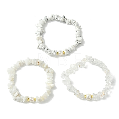 3Pcs 3 Styles Natural & Synthetic Mixed Gemstone Chip & Natural Cultured Freshwater Pearl Beaded Stretch Bracelets Set for Women BJEW-JB13762-01-1