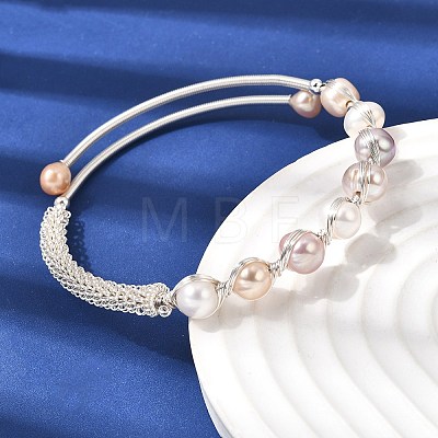 Brass Wire Wrapped Natural  Pearl Cuff Bangles for Women BJEW-D453-05S-1