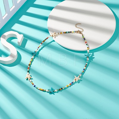 Colorful Synthetic Turquoise Starfish & Shell Pearl & Glass Seed Beaded Necklace for Women NJEW-TA00044-1