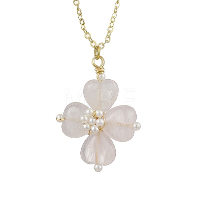 Natural Rose Quartz Clover Shamrock Pendant Necklaces NJEW-JN05170-04-1