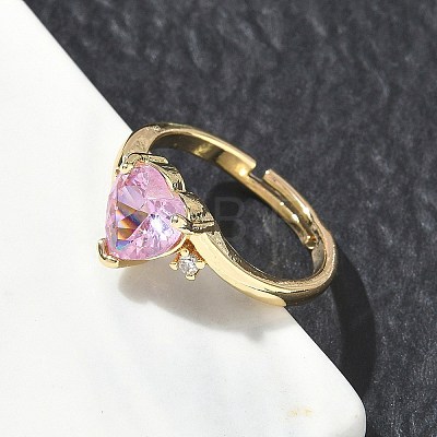 Adjustable Brass Finger Rings with Pink Heart Cubic Zirconia for Valentine's Day CU-CBA7E55-11G-1