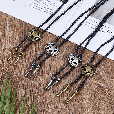 4Pcs 2 Colros Retro Alloy Pendant Black PU Leather Lariat Bolo Tie Necklaces NJEW-ME0001-11B-1