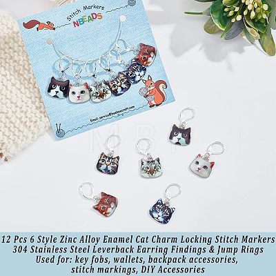 12Pcs 6 Style Zinc Alloy Enamel Cat Charm Locking Stitch Markers HJEW-PH01530-1