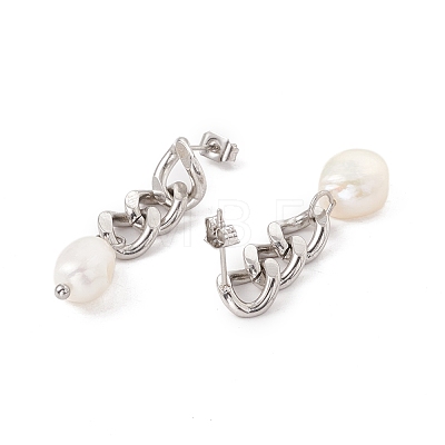 Natural Pearl with Curb Chains Dangle Stud Earrings EJEW-E264-03-1