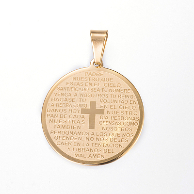 304 Stainless Steel Flat Round with Word Lord's Prayer Cross Pendants X-STAS-P085-25-1