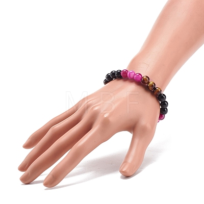 Natural Agate & Tiger Eye(Dyed & Heated) & Black Onyx Round Beaded Stretch Bracelet BJEW-JB08400-01-1