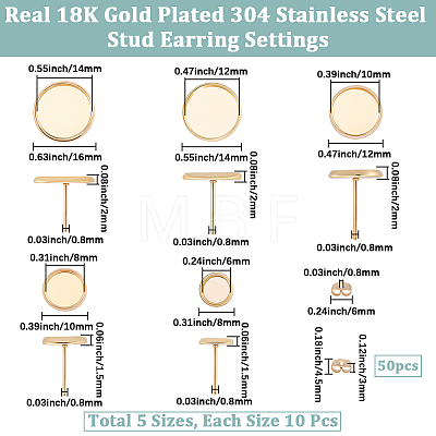50Pcs 5 Styles 304 Stainless Steel Stud Earring Findings STAS-BBC0009-96-1