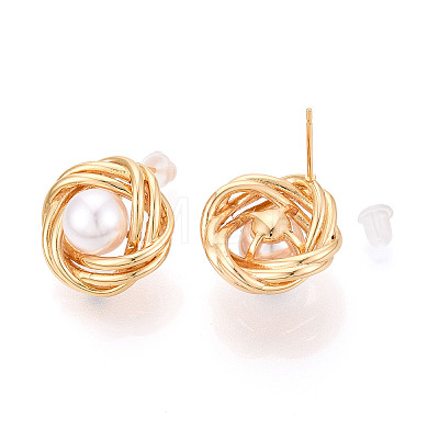 Brass ABS Imitation Pearl Stud Earrings EJEW-T048-07G-1