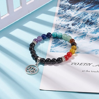 Natural Black Agate(Dyed & Heated) & Mixed Gemstone Stretch Bracelet with Alloy Lotus Charms BJEW-TA00134-01-1