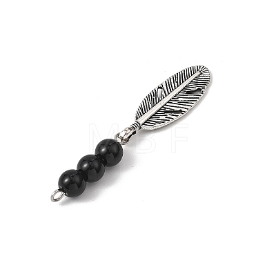 Alloy Feather with Round Synthetic Black Stone Beads Big Pendants PALLOY-JF04696-1