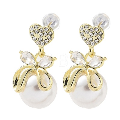 Valentine's Day Heart with Bowknot Alloy Rhinestone Dangle Stud Earrings EJEW-F408-02G-1