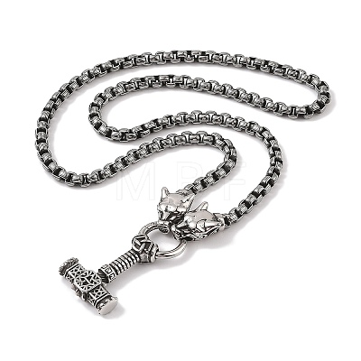 304 Stainless Steel Leopard Head King Box Chain Viking Mjolnir Thor Hammer Pendant Necklaces for Men NJEW-K278-14AS-1