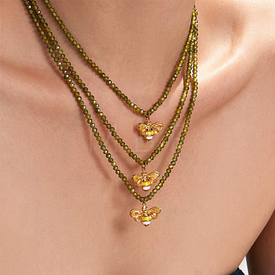316L Surgical Stainless Steel Enamel Bee Pendant Green Cubic Zirconia Faceted Beaded Necklaces for Women WG7DD53-01-1