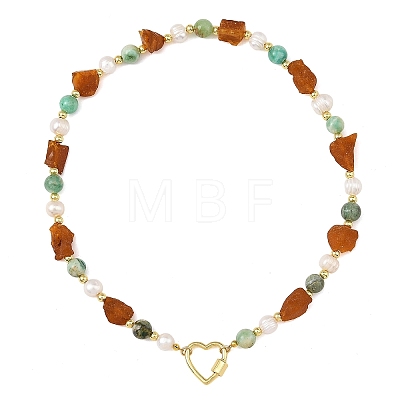 Raw Rough Natural Amber & Round Green Line Jasper & Potato Pearl Beaded Necklaces with Brass Screw Carabiner Lock Charms NJEW-JN06583-02-1