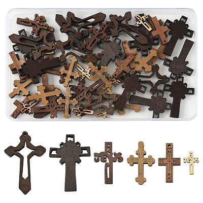 60Pcs 6 Styles Religion Wood Pendants WOOD-FS0002-51-1