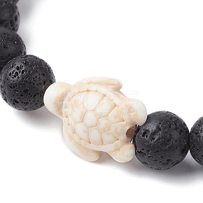 Natural Lava Rock Round & Synthetic Turquoise Turtle Beaded Stretch Bracelet for Women BJEW-JB09700-04-1