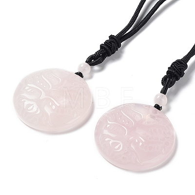 Natural Rose Quartz Tree of Life Pendant Necklace with Nylon Rope NJEW-H009-03-03-1