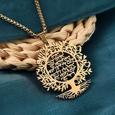 304 Stainless Steel Hollow Tree of Life Pendant Box Chain Necklaces NJEW-M086-04G-1