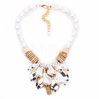 Imitation Pearl and CCB Plastic Teeardrop Pendant Natural Coconut & Wood Beaded Necklaces FS-WG9E1F5-01-1