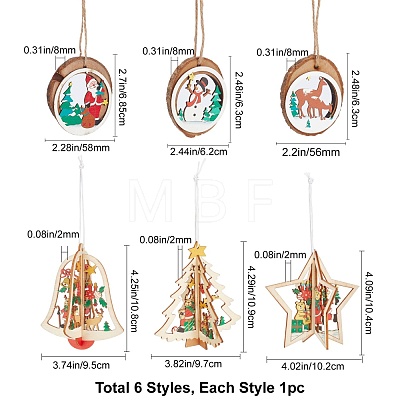 GORGECRAFT 6Pcs 6 Styles Wooden Christmas Ornaments WOOD-GF0001-51-1