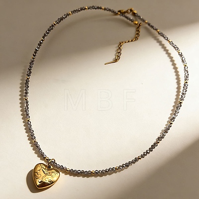 304 Stainless Steel I Love You Heart Pendant Gray Faceted Glass Beaded Necklaces for Women NJEW-F370-01B-G-1